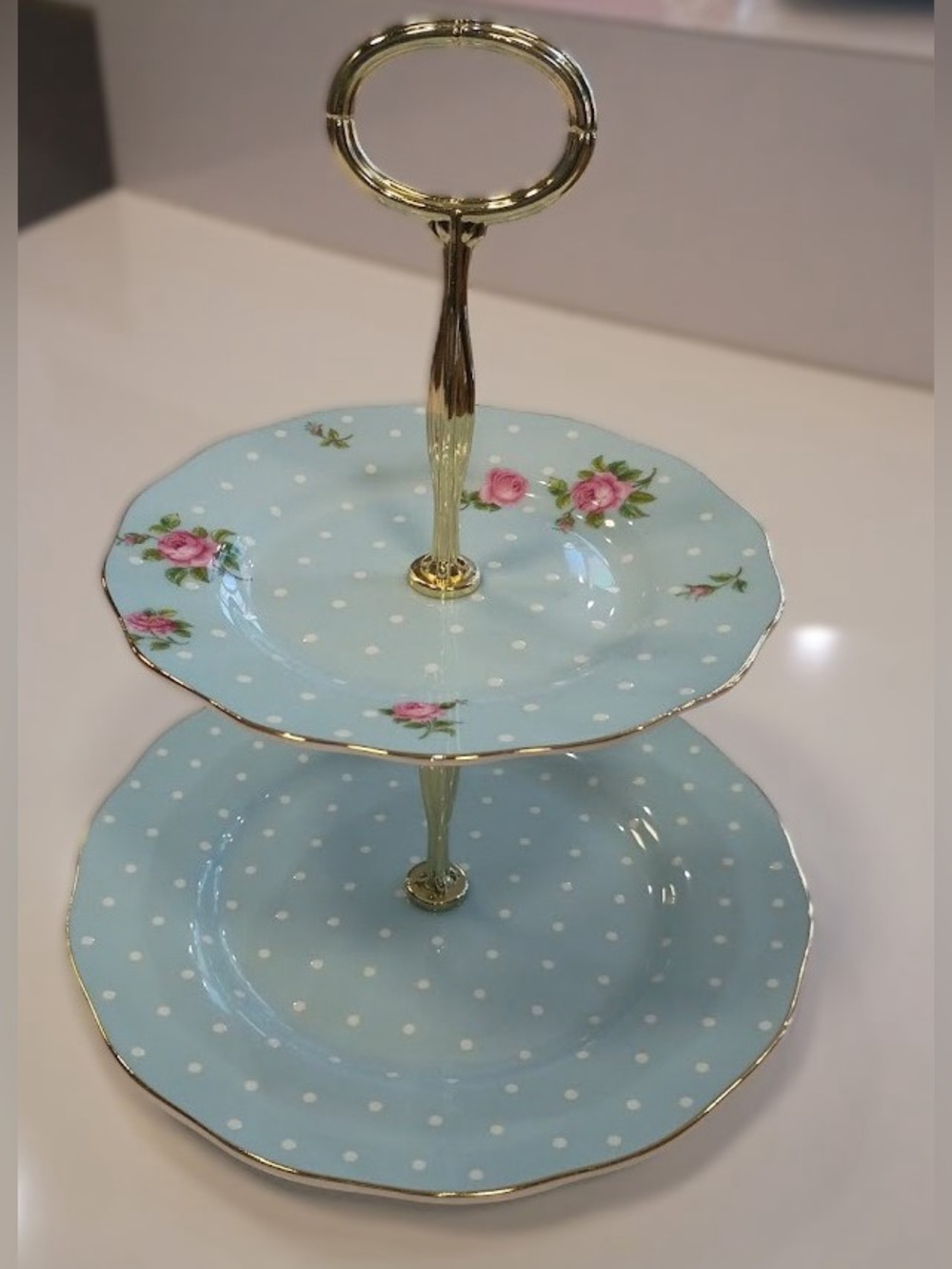 Royal Albert Polka Blue Two-Tier Cake Stand, NEW